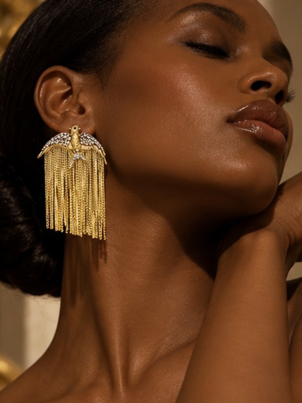 Gold Bird Fringe Earrings Crystal Wing Jewelry